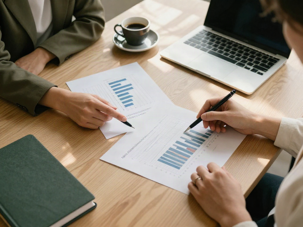 Colleagues examining printed business analytics together at an oak table